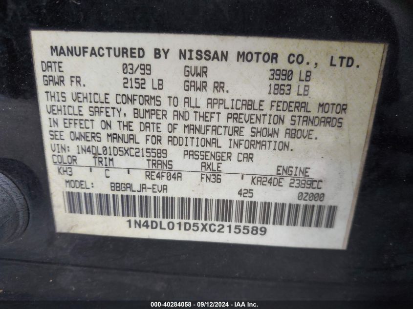 1N4DL01D5XC215589 1999 Nissan Altima Gle/Gxe/Se/Se-L/Xe