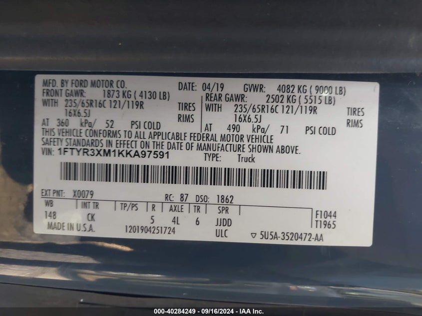 VIN 1FTYR3XM1KKA97591 2019 FORD TRANSIT-250