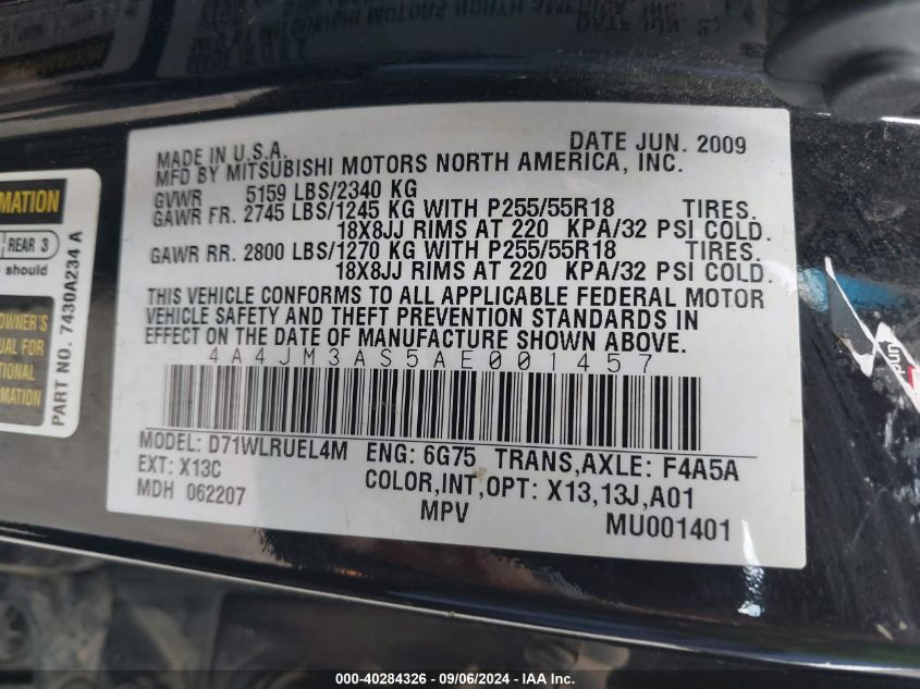 2010 Mitsubishi Endeavor Se VIN: 4A4JM3AS5AE001457 Lot: 40284326