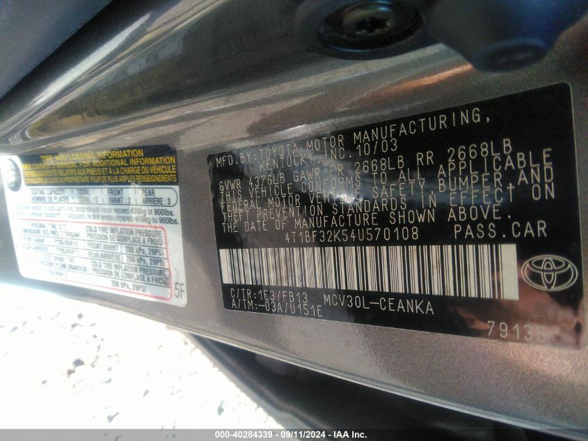 4T1BF32K54U570108 2004 Toyota Camry Le V6