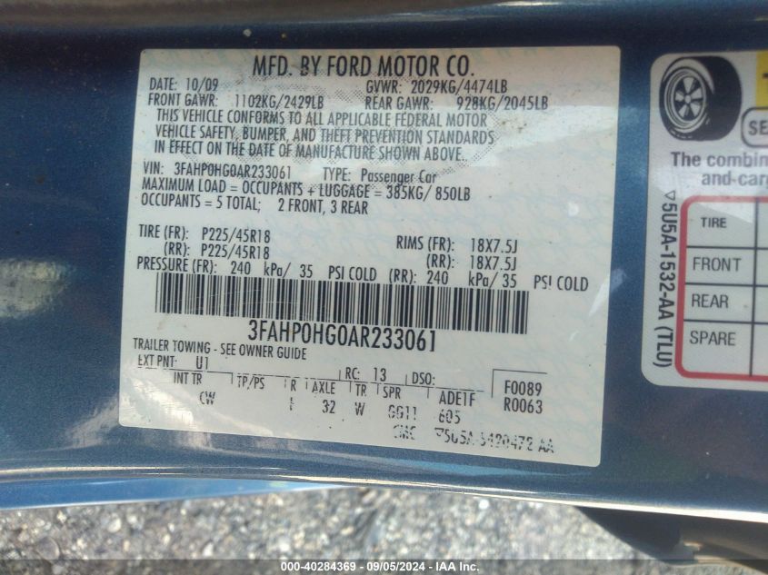 2010 Ford Fusion Se VIN: 3FAHP0HG0AR233061 Lot: 40284369