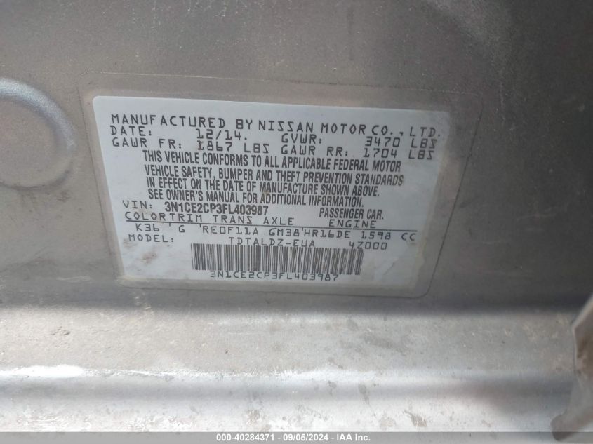 3N1CE2CP3FL403987 2015 Nissan Versa Note S (Sr)/S Plus/Sl/Sr/Sv