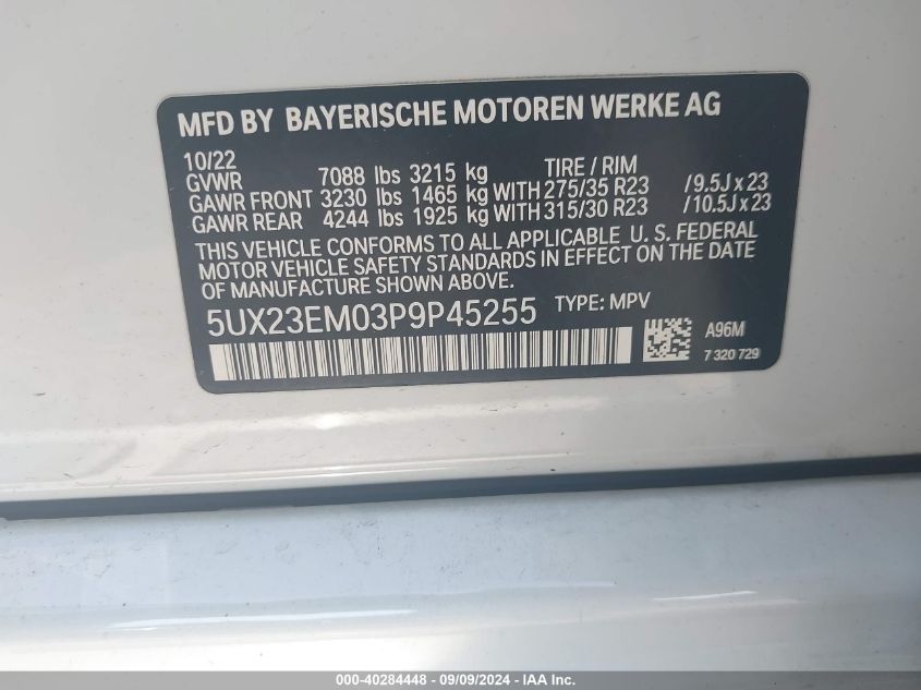 5UX23EM03P9P45255 2023 BMW X7 xDrive40I