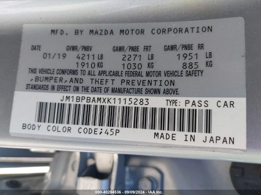 JM1BPBAMXK1115283 2019 Mazda Mazda3 Select Package