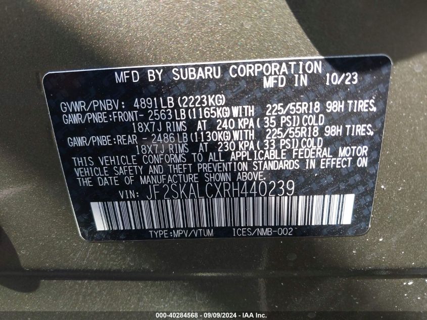 2024 Subaru Forester Limited VIN: JF2SKALCXRH440239 Lot: 40284568