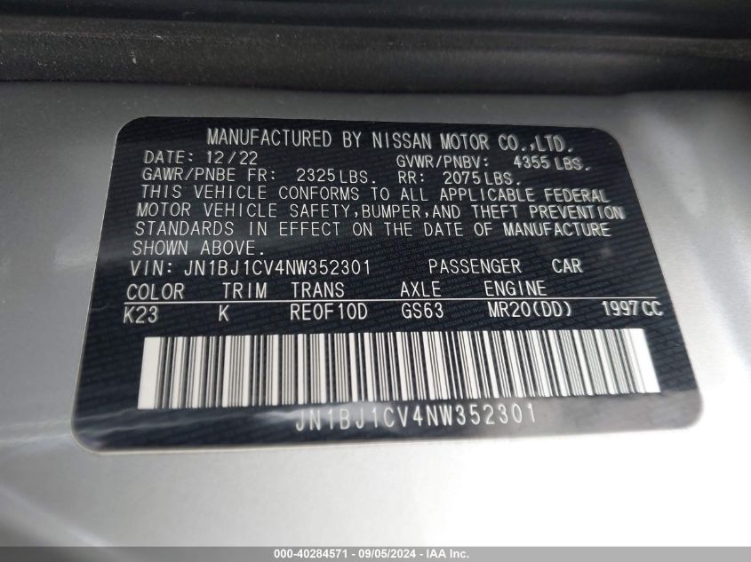 2022 Nissan Rogue Sport Sl Fwd Xtronic Cvt VIN: JN1BJ1CV4NW352301 Lot: 40284571