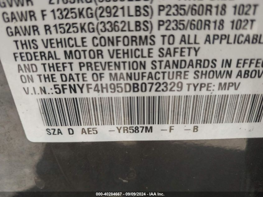 2013 Honda Pilot Touring VIN: 5FNYF4H95DB072329 Lot: 40284667