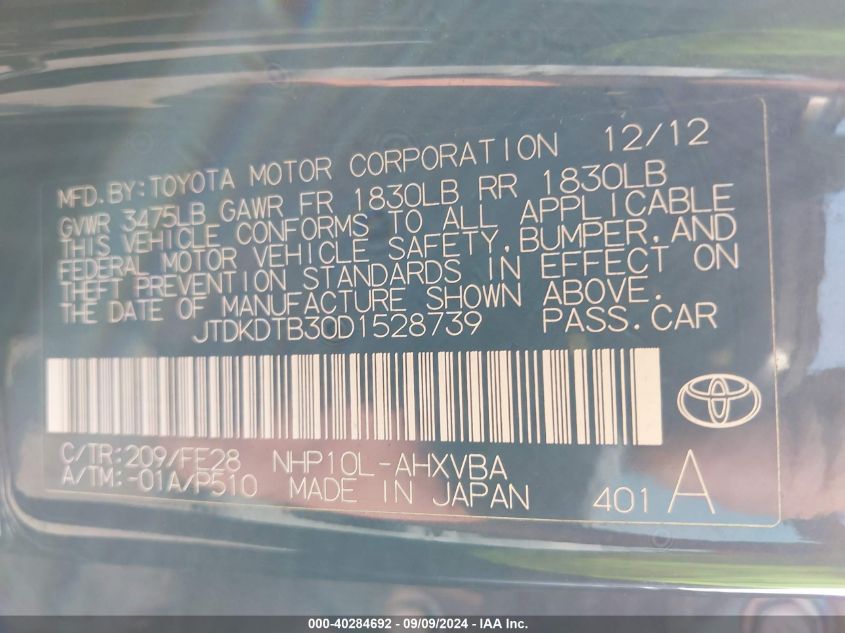 JTDKDTB30D1528739 2013 Toyota Prius C One