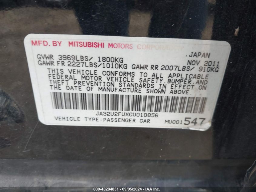 2012 Mitsubishi Lancer Es VIN: JA32U2FUXCU010856 Lot: 40284831