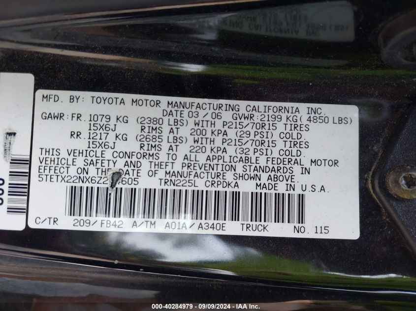 2006 Toyota Tacoma VIN: 5TETX22NX6Z234605 Lot: 40284979