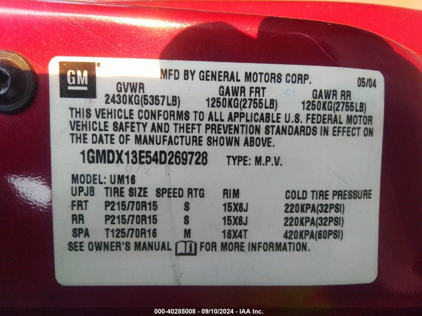 1GMDX13E54D269728 2004 Pontiac Montana M16 W/1Se Pkg.