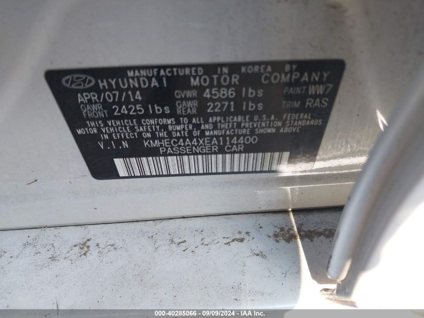 2014 Hyundai Sonata Hybrid VIN: KMHEC4A4XEA114400 Lot: 40285066