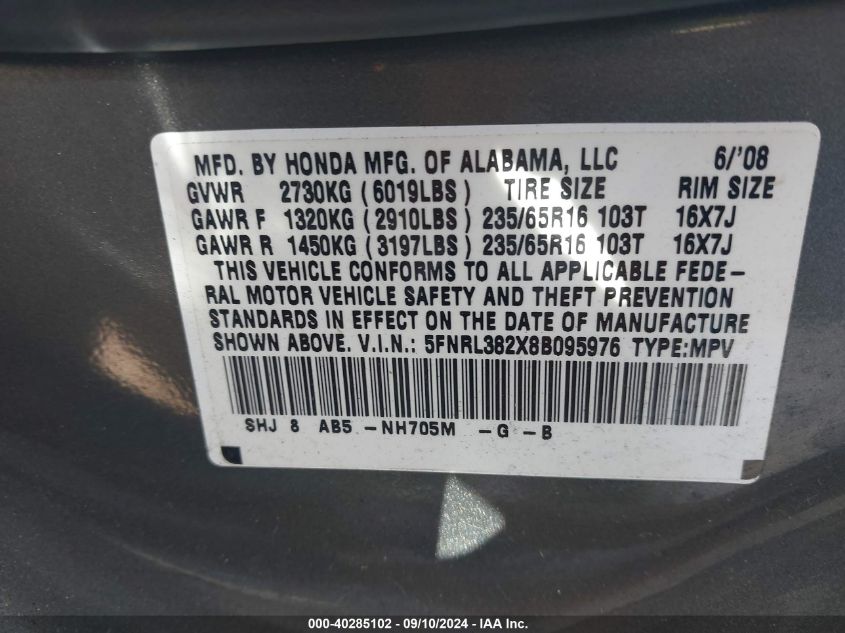 2008 Honda Odyssey Lx VIN: 5FNRL382X8B095976 Lot: 40285102