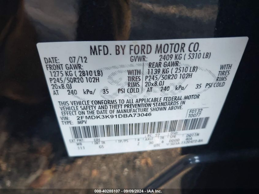 2013 Ford Edge Limited VIN: 2FMDK3K91DBA73046 Lot: 40285107