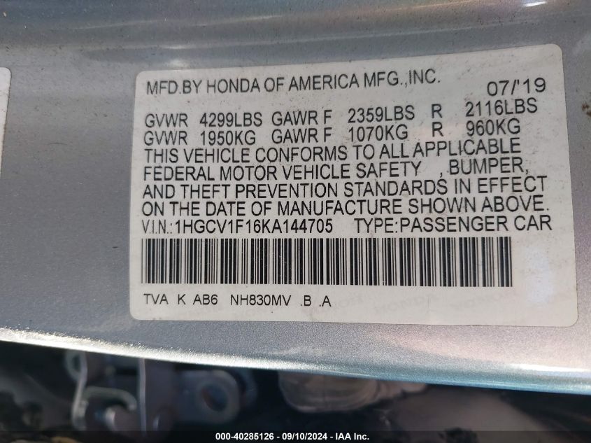 1HGCV1F16KA144705 2019 Honda Accord Lx