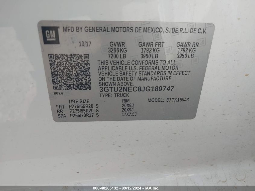 3GTU2NEC8JG189747 2018 GMC Sierra 1500 K1500 Slt