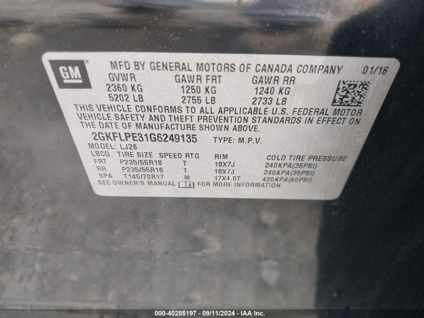 2GKFLPE31G6249135 2016 GMC Terrain Slt