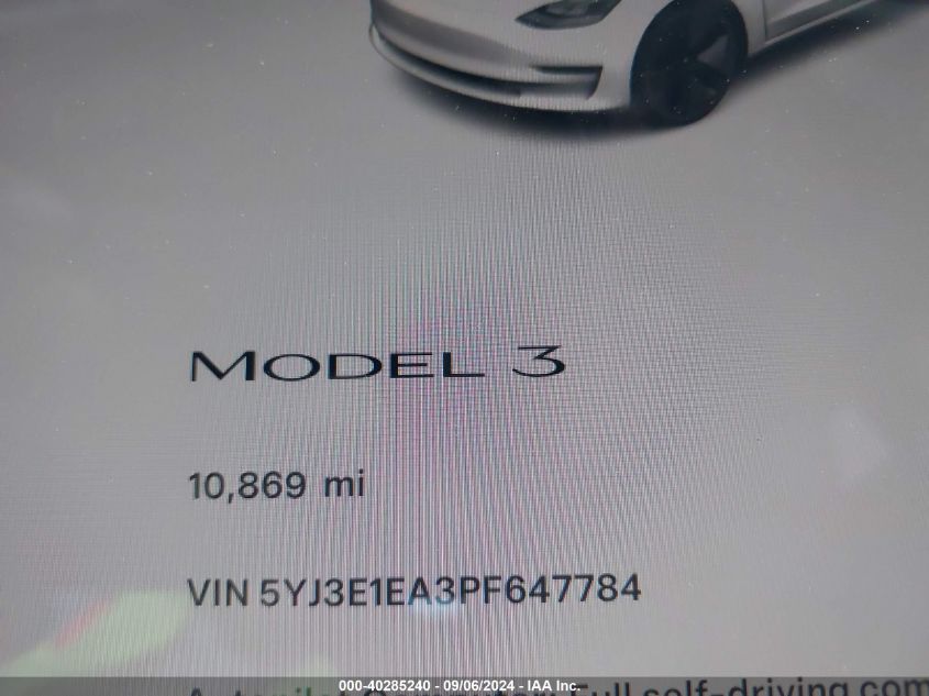 2023 Tesla Model 3 VIN: 5YJ3E1EA3PF647784 Lot: 40285240