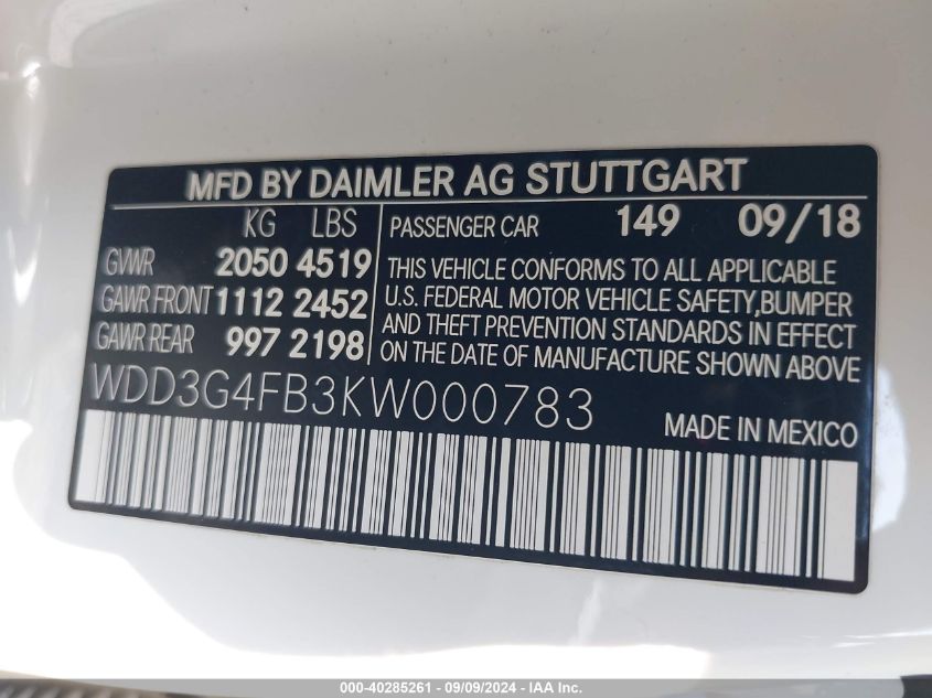 WDD3G4FB3KW000783 2019 Mercedes-Benz A 220 4Matic