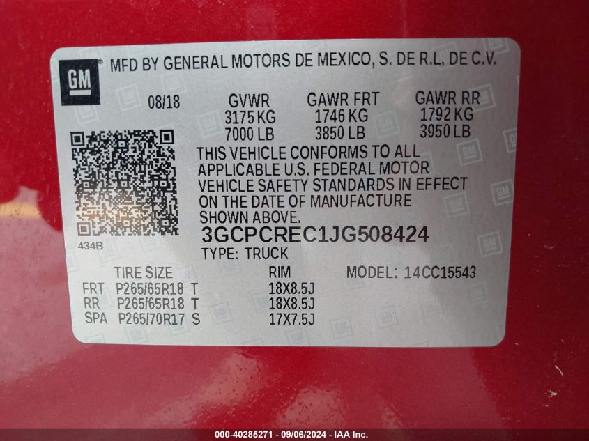 3GCPCREC1JG508424 2018 Chevrolet Silverado 1500 1Lt