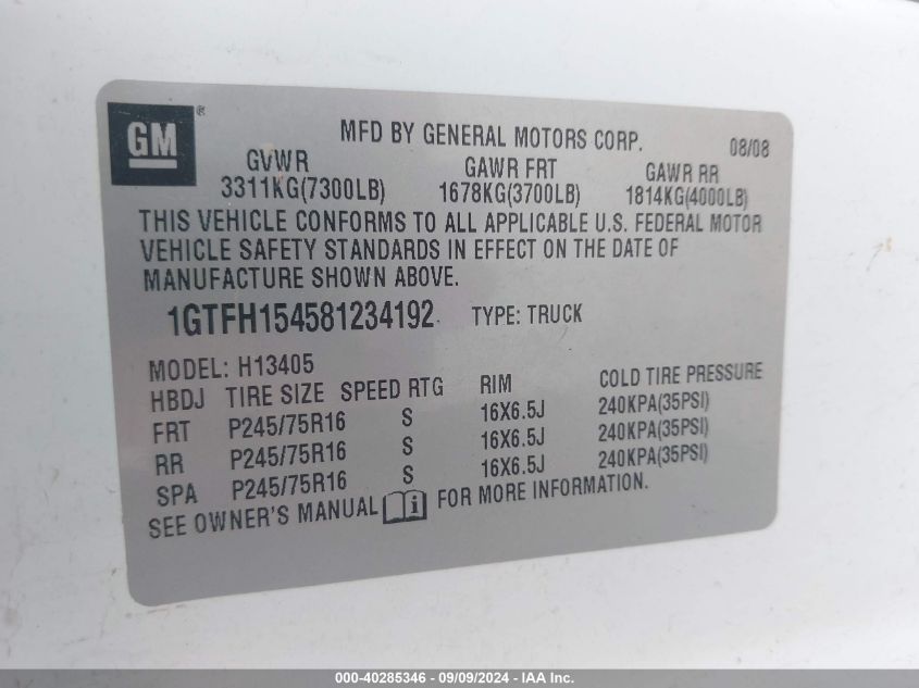 1GTFH154581234192 2008 GMC Savana Work Van