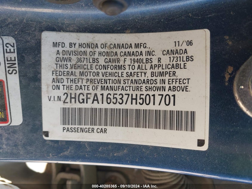 2007 HONDA CIVIC VIN: 2HGFA16537H501701