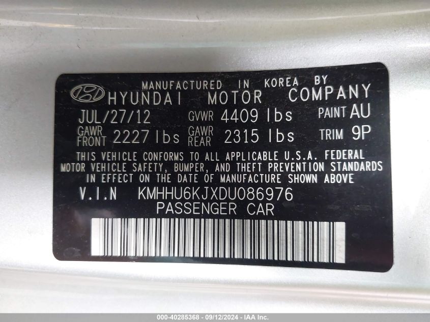 KMHHU6KJXDV086976 2013 Hyundai Genesis 3.8 Track