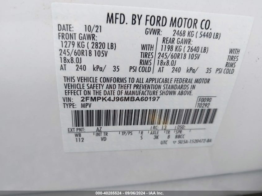 2021 Ford Edge Sel VIN: 2FMPK4J96MBA60197 Lot: 40285524