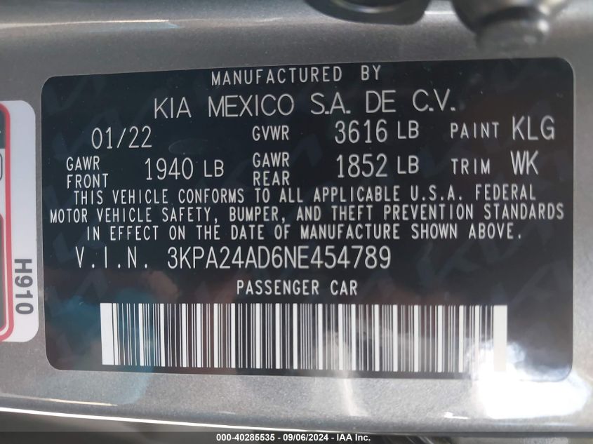 2022 Kia Rio S VIN: 3KPA24AD6NE454789 Lot: 40285535