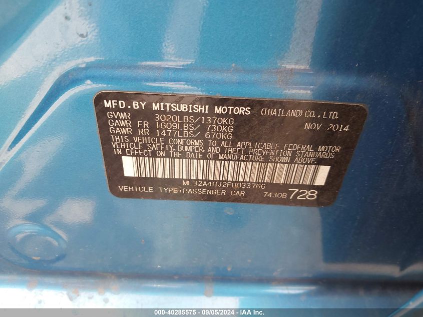 ML32A4HJ2FH033766 2015 Mitsubishi Mirage Es