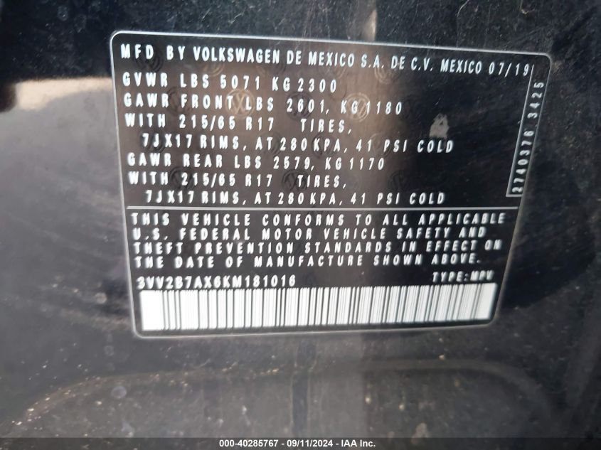 3VV2B7AX6KM181016 2019 Volkswagen Tiguan Se/Sel/Sel R-Line Jet-Bla