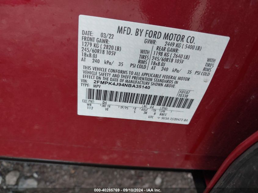 2022 Ford Edge Sel VIN: 2FMPK4J94NBA35140 Lot: 40285769