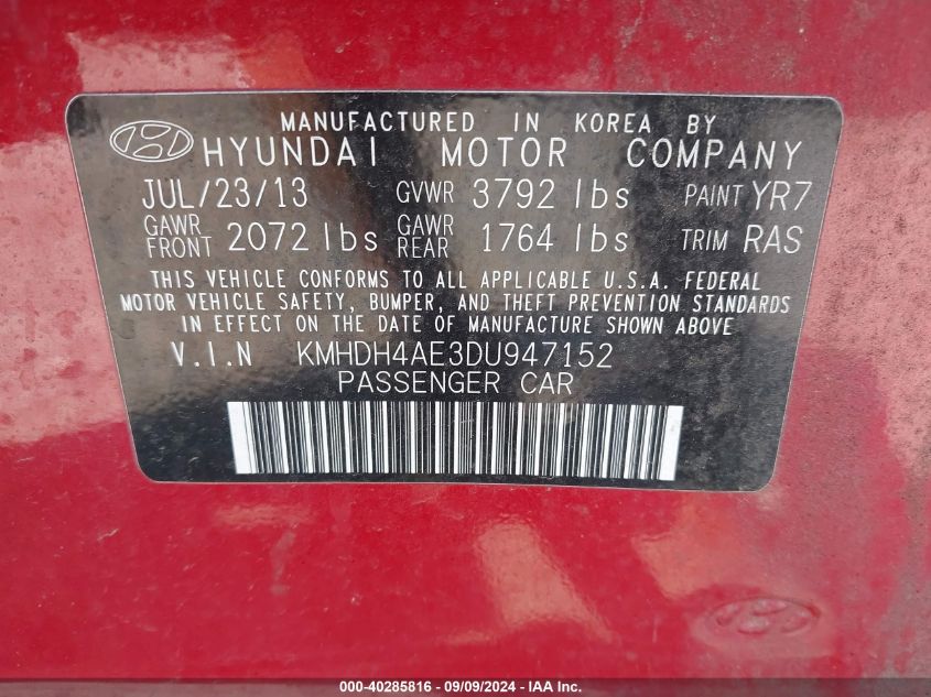 2013 Hyundai Elantra Gls VIN: KMHDH4AE3DU947152 Lot: 40285816