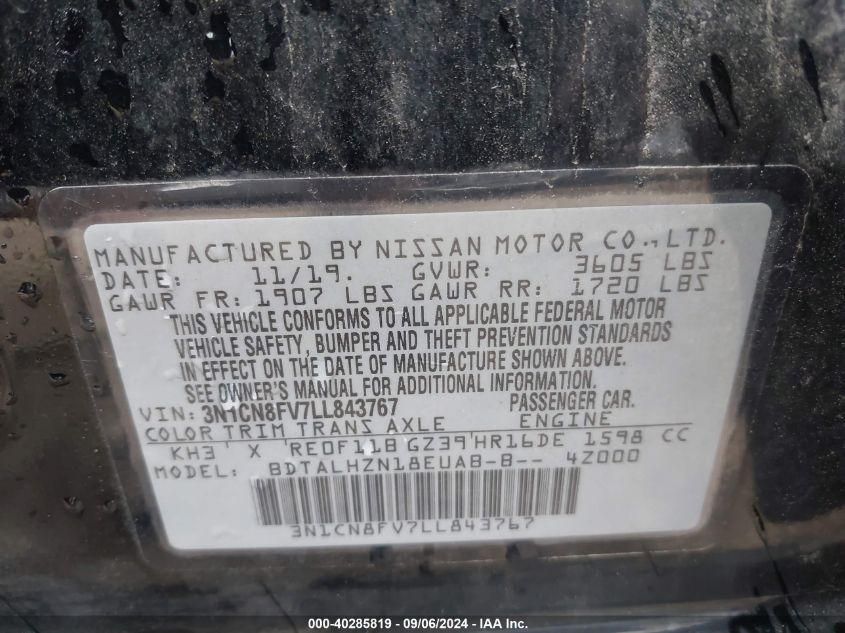 2020 Nissan Versa Sr Xtronic Cvt VIN: 3N1CN8FV7LL843767 Lot: 40285819