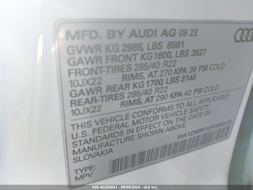 2023 Audi Sq8 Prestige VIN: WA1CWBF12PD046370 Lot: 40285841