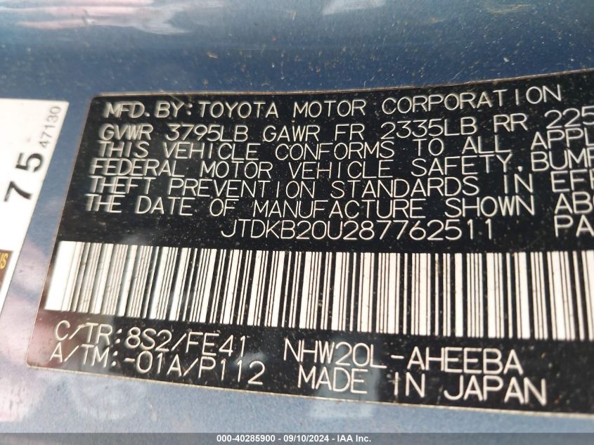 2008 Toyota Prius VIN: JTDKB20U287762511 Lot: 40285900