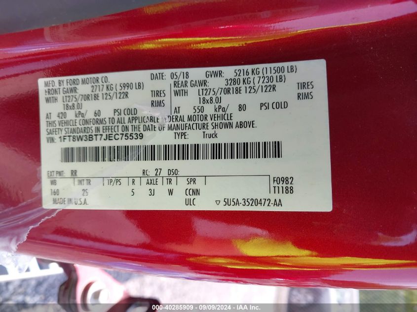 2018 Ford F-350 Xlt VIN: 1FT8W3BT7JEC75539 Lot: 40285909