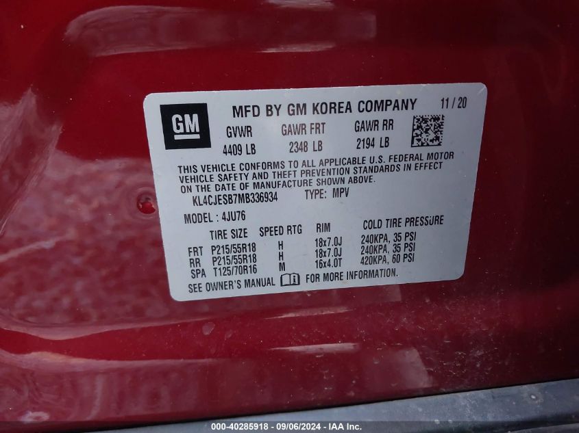 2021 Buick Encore Preferred VIN: KL4CJESB7MB336934 Lot: 40285918