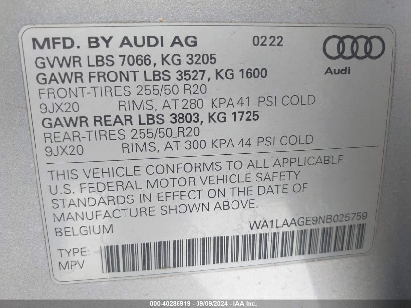 WA1LAAGE9NB025759 2022 Audi E-Tron Premium Plus Quattro