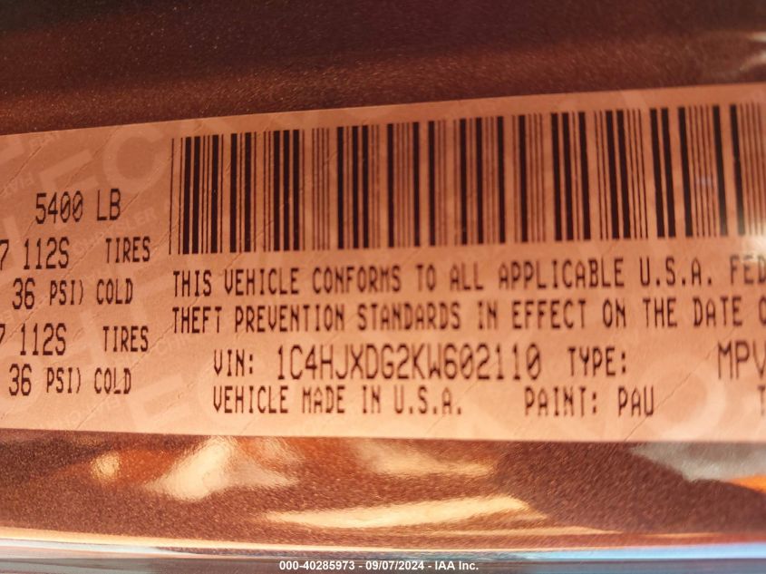 1C4HJXDG2KW602110 2019 Jeep Wrangler Unlimited Sport