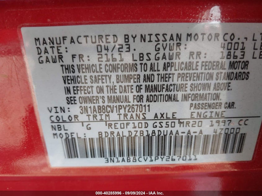2023 NISSAN SENTRA VIN: 3N1AB8CV1PY267011