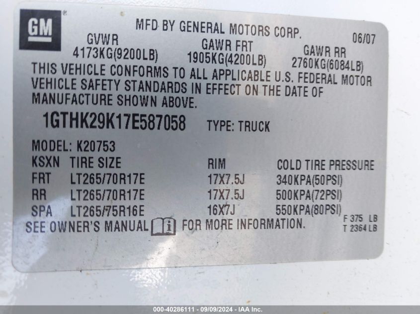 1GTHK29K17E58705 2007 GMC Sierra 2500Hd Slt