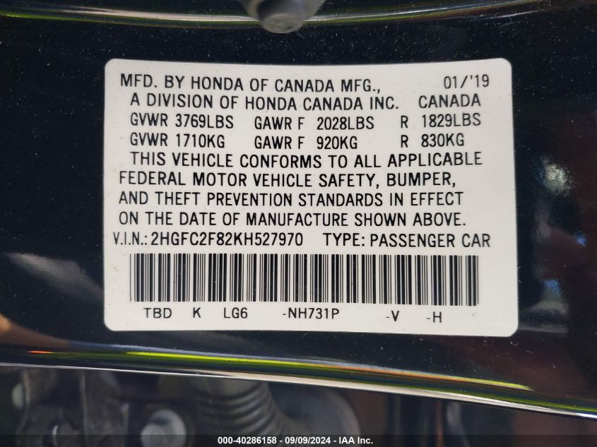 2019 Honda Civic Sport VIN: 2HGFC2F82KH527970 Lot: 40286158