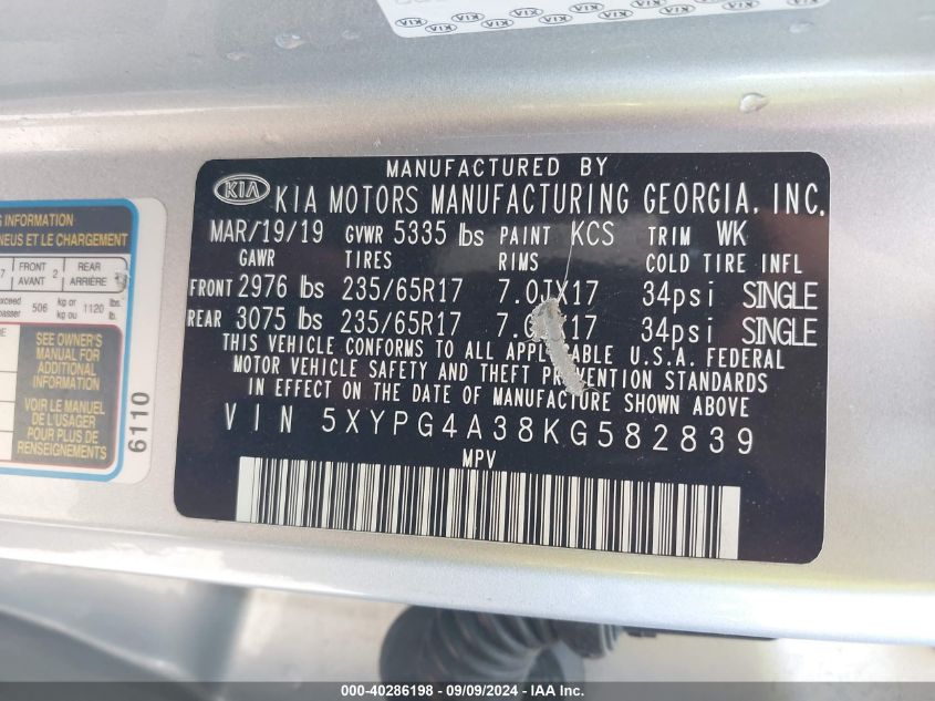 2019 KIA SORENTO 2.4L L - 5XYPG4A38KG582839