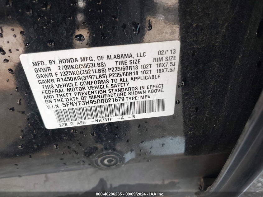 2013 HONDA PILOT TOURING - 5FNYF3H95DB021679