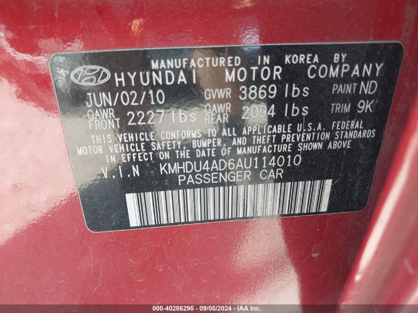 2010 Hyundai Elantra Gls VIN: KMHDU4AD6AU114010 Lot: 40286295