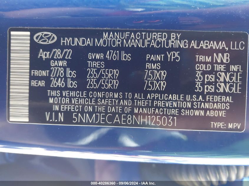 2022 Hyundai Tucson Limited VIN: 5NMJECAE8NH125031 Lot: 40286360