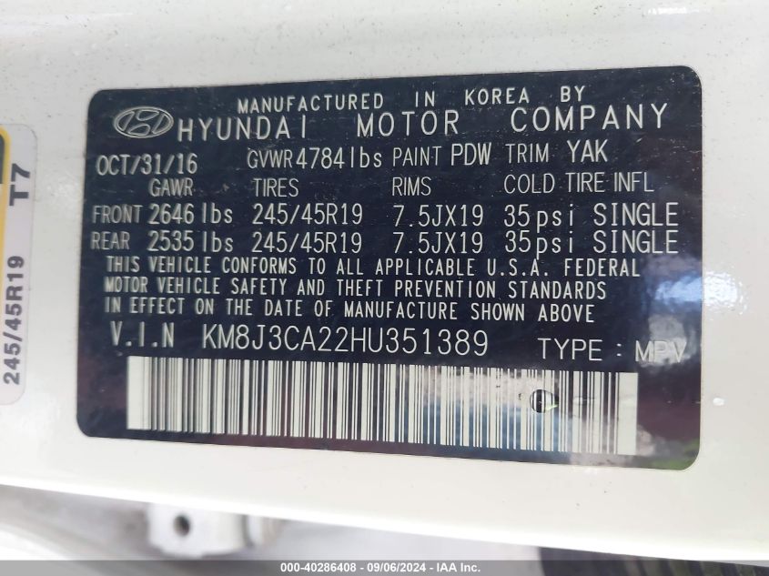 KM8J3CA22HU351389 2017 Hyundai Tucson Sport