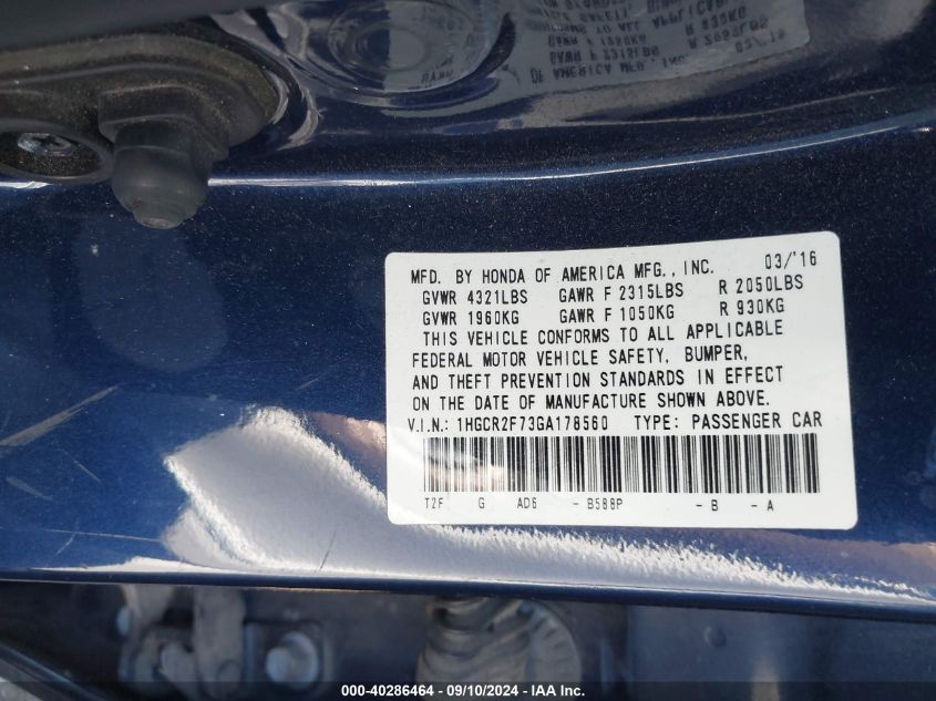 1HGCR2F73GA178560 2016 Honda Accord Ex