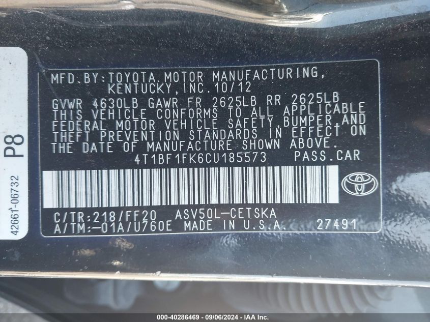 2012 Toyota Camry Se Limited Edition VIN: 4T1BF1FK6CU185573 Lot: 40286469